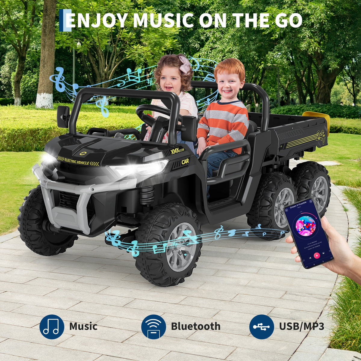 24V 2-Seater 6-Wheel Electric Dump Truck Ride-On for Kids – 4WD UTV Car, Remote Control, Electric Dump Bed, Music, Horn, Industry Standard/CPSIA Certified, Power Ride-On Toy for Boys & Girls