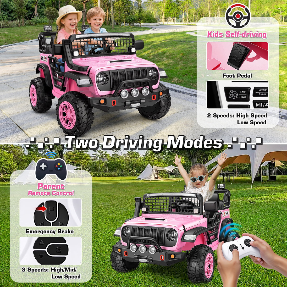 Funcid 24 Volt Ride on Toys, 2-Seater Electric Car, 400W Ride on Cars with Remote Control, Ride on Truck W/ Bluetooth, Music, Power Display, High/Low Speed, Light Control, Suspension, Pink