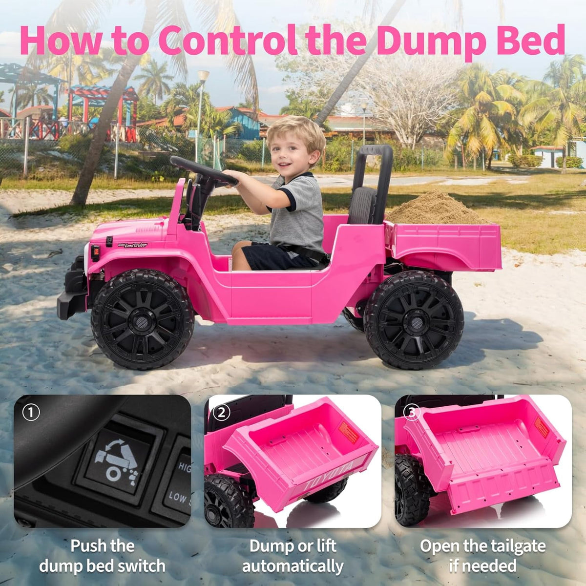12V Licensed Toyota Ride-On Pickup Truck, Electric Ride-On Car with Remote Control, Lift-Up Dump Bed, Suspension, Bluetooth, Music, 3.73 MPH