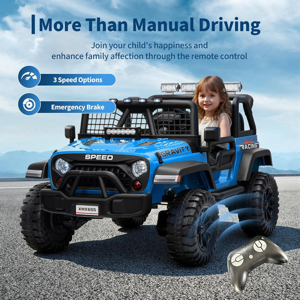 24V 2-Seater 4WD Electric Ride-On Truck with 2.4GHz Remote Control, Auto-Follow Mode, 2 Speeds 3–5 mph, Spring Suspension, LED Headlights, USB/AUX Music, 110 lb Capacity,Blue