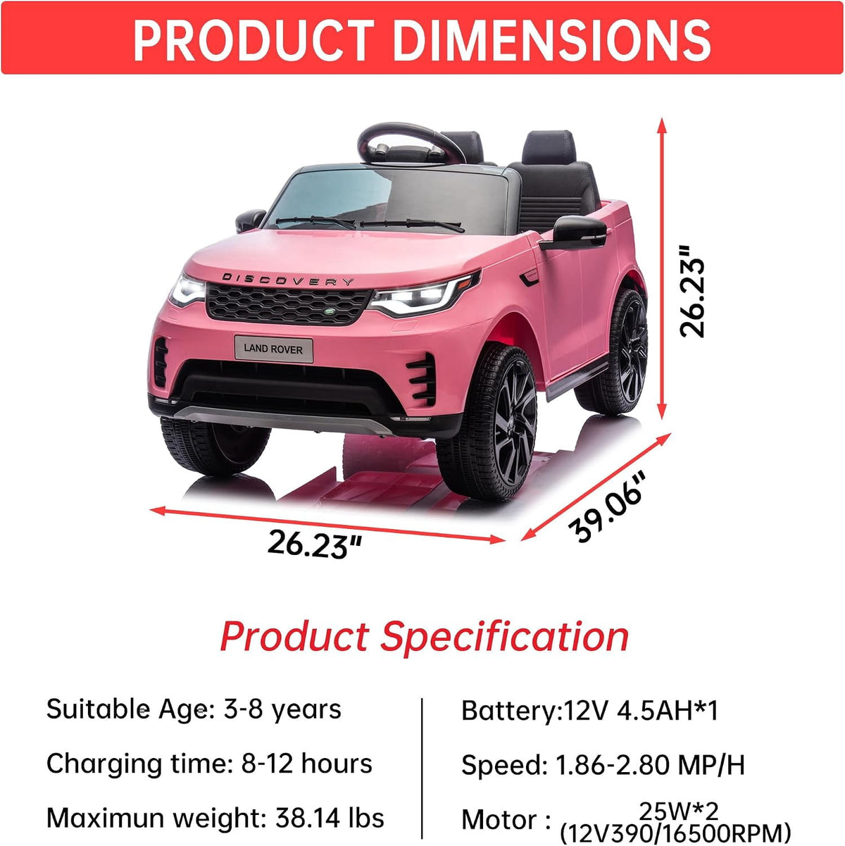 12V Licensed Land Rover 2-Seater Ride On Vehicle with Parent Remote Control, Double Doors, LED Lights, Manual Driving, Rechargeable Battery Powered Electric Ride On Car,Pink