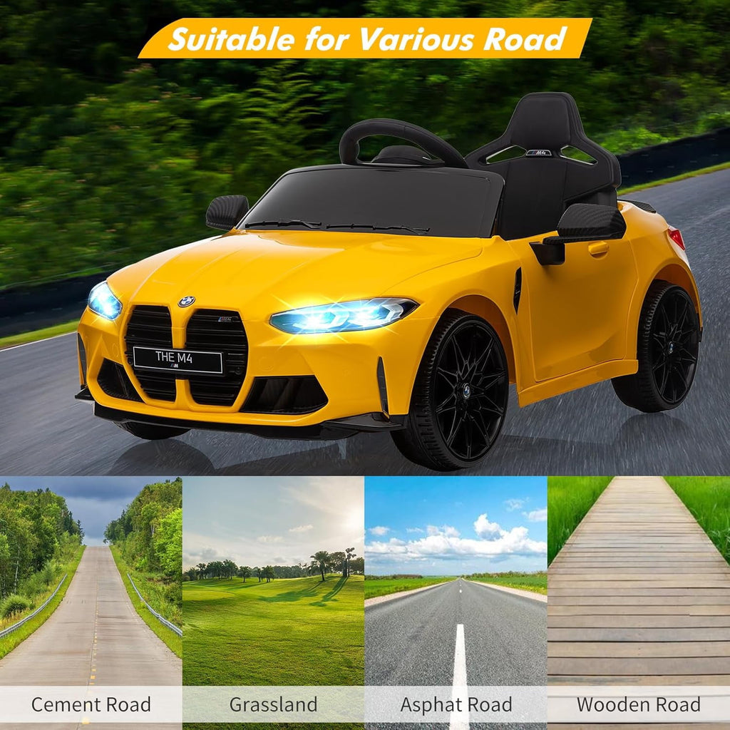 12V Licensed BMW M4 Ride-On Electric Car with Remote Control, 3 Speeds, LED Lights, Music, USB, Adjustable Seat Belt
