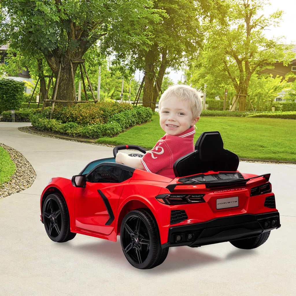 12V Licensed Corvette C8 Ride-On Electric Sports Car, Dual 30W Motors, Remote Control, LED Lights, Music, Openable Doors, 66 lbs