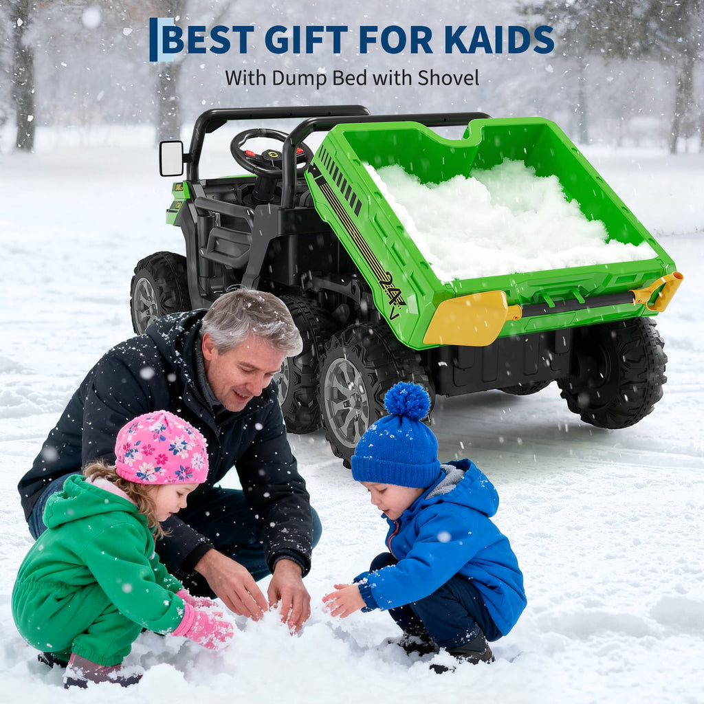 24V 2-Seater 6-Wheel Electric Dump Truck Ride-On for Kids – 4WD UTV Car, Remote Control, Electric Dump Bed, Music, Horn, Industry Standard/CPSIA Certified, Power Ride-On Toy for Boys & Girls