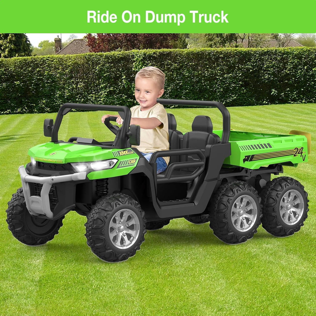 24V 4WD Electric Ride-On Dump Truck for , 2-Seater UTV with Remote Control, Bluetooth Music, Seatbelts, LED Lights, Mobile Phone Connectivity, Double Seat 6 Wheel Truck for Ages 3-8,Green