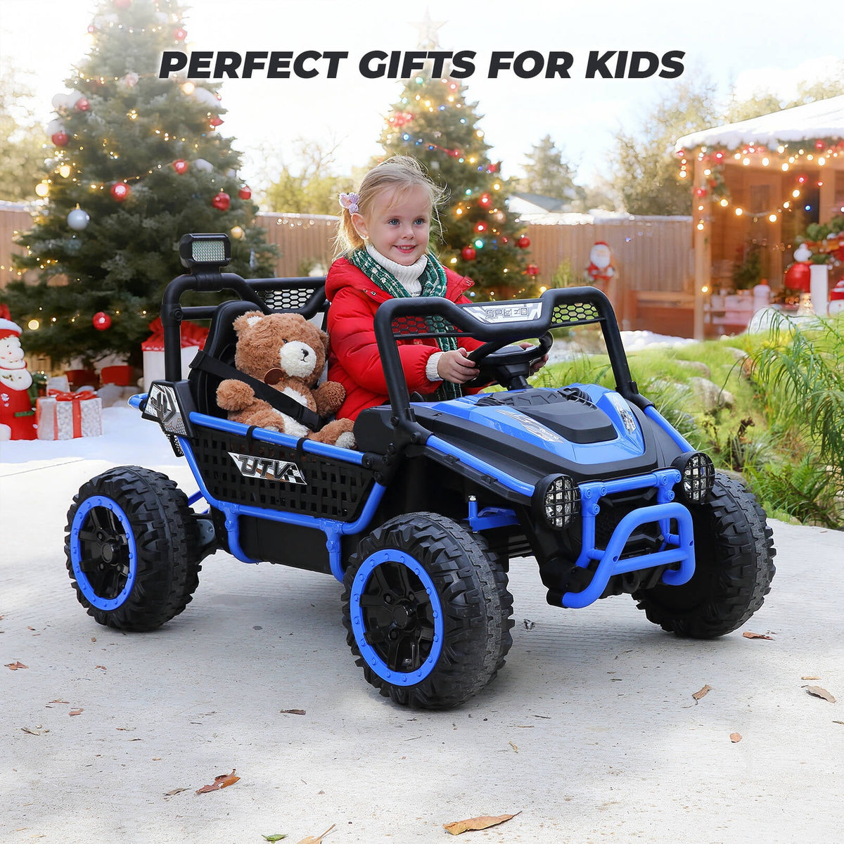 Farmdex 24V Ride on Car Truck, 2 Seater Electric UTV w/Remote Control, 21.5" Spacious Seat Ride on Toy for Kids Aged 3-10, Music, Storage, LED Light, Blue