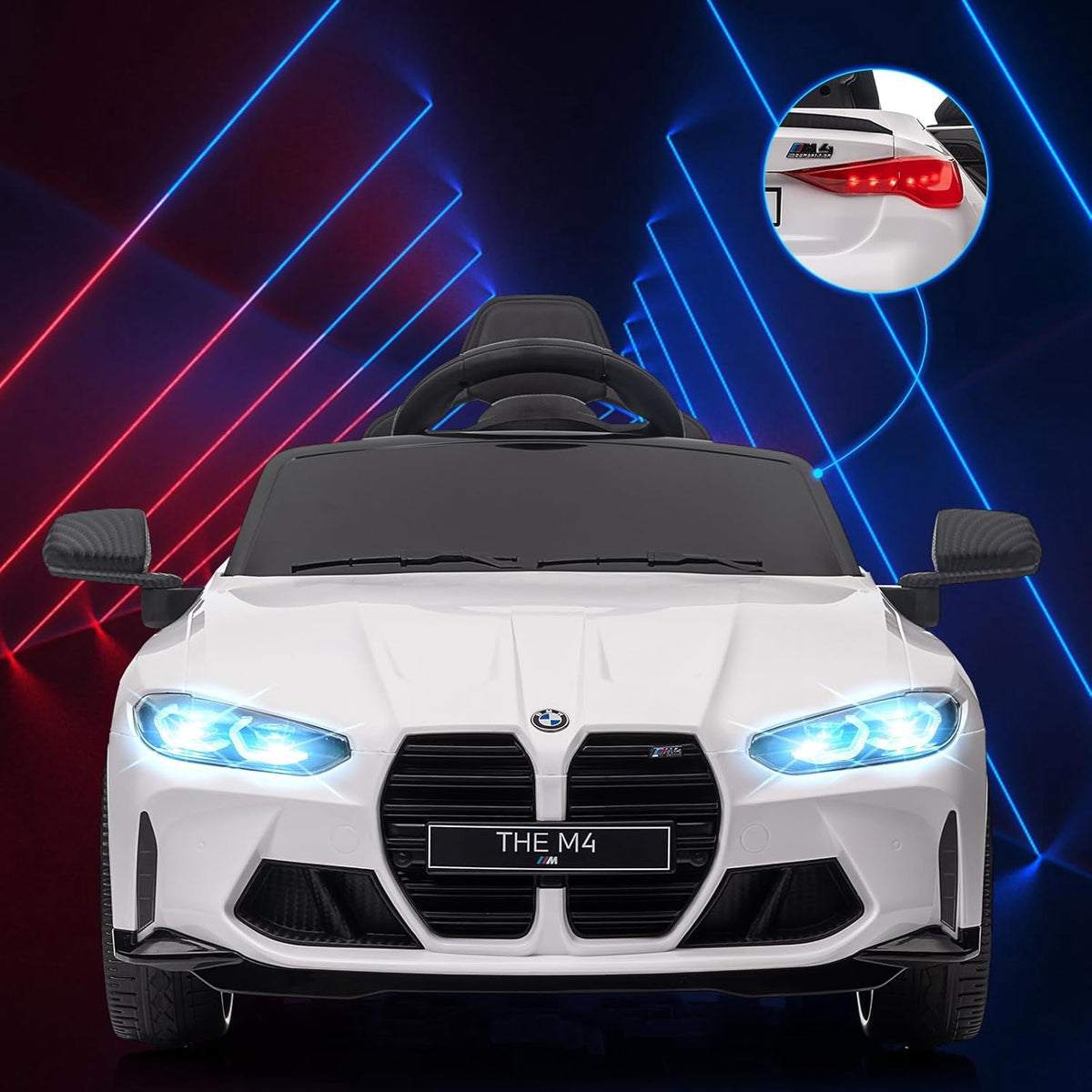 12V Licensed BMW M4 Ride-On Electric Car with Remote Control, 3 Speeds, LED Lights, Music, USB, Adjustable Seat Belt