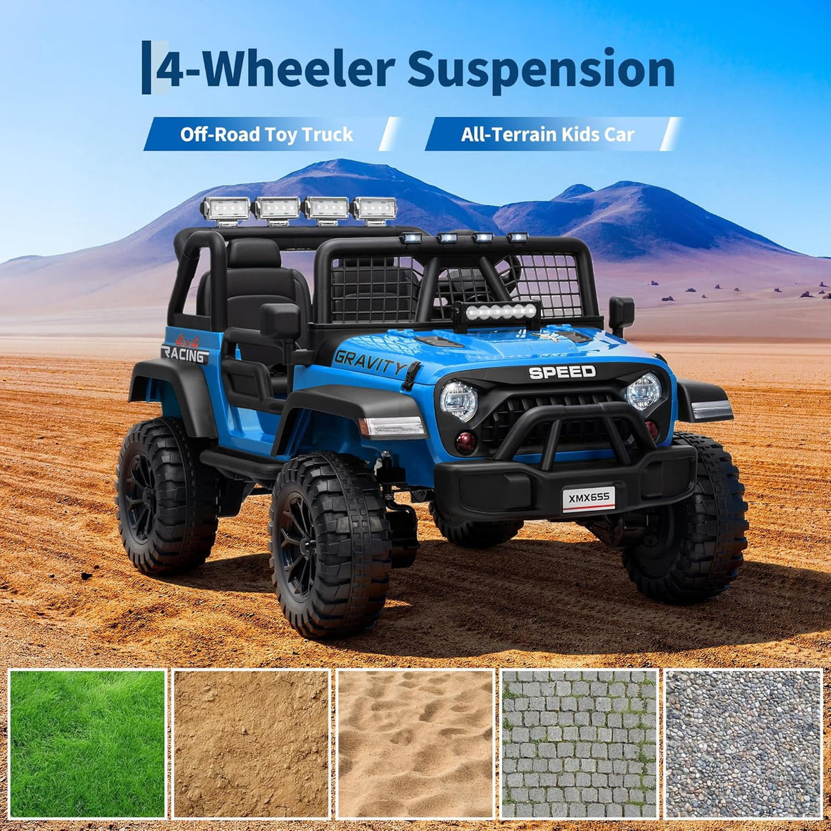 24V 2-Seater 4WD Electric Ride-On Truck with 2.4GHz Remote Control, Auto-Follow Mode, 2 Speeds 3–5 mph, Spring Suspension, LED Headlights, USB/AUX Music, 110 lb Capacity,Blue