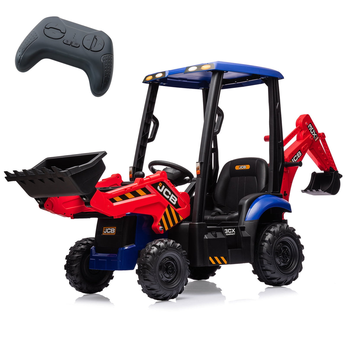 4 in 1 Ride on Excavator & Bulldozer, 12V Kids Electric Vehicle with Remote Control, Front Loader, Digger, Horn, Adjustable Seat, Excavator Ride on Car Toy, White