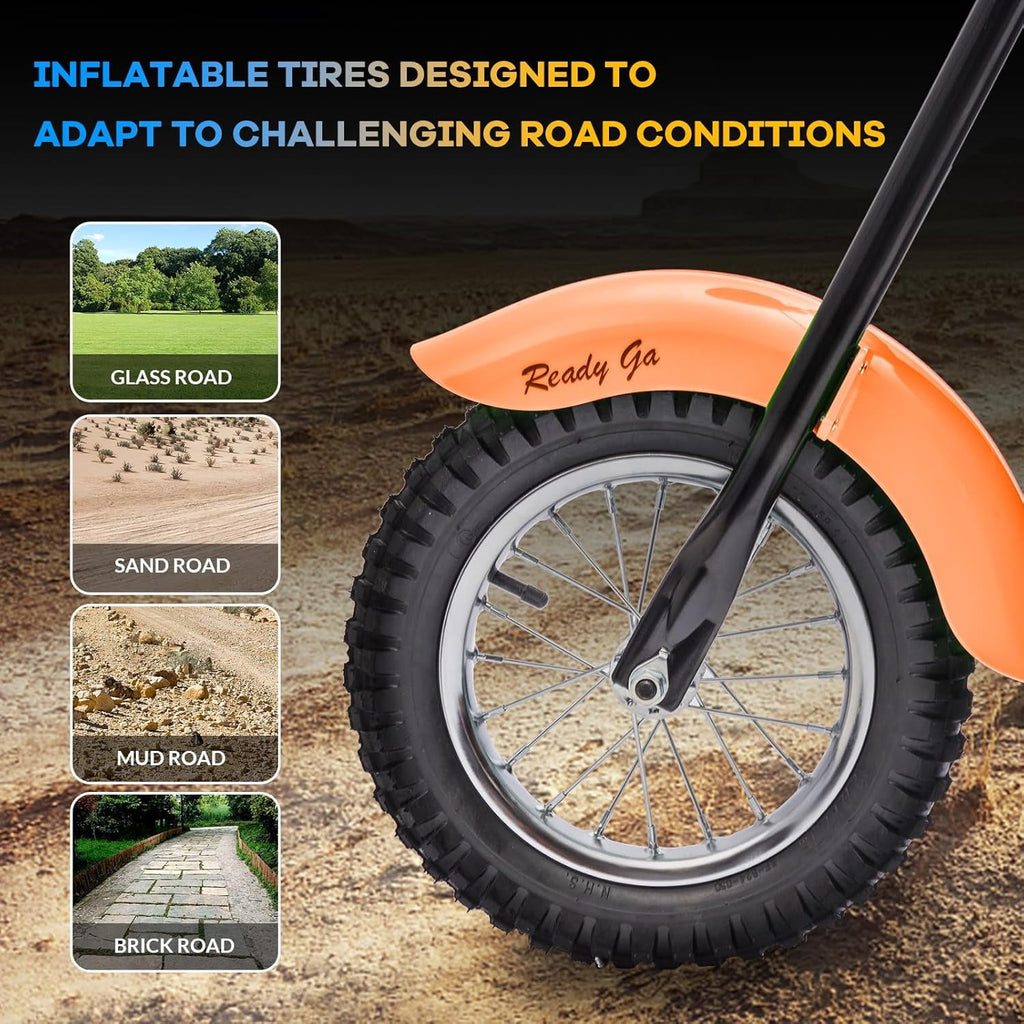24V Electric Dirt Bike, 300W Chain-Driven Motor, Up to 15 MPH, 2-Speed, 10-Mile Range, 12" Air-Filled Rubber Tires, Leather Seat, Hand Brake, LED Lights, 150 Lbs