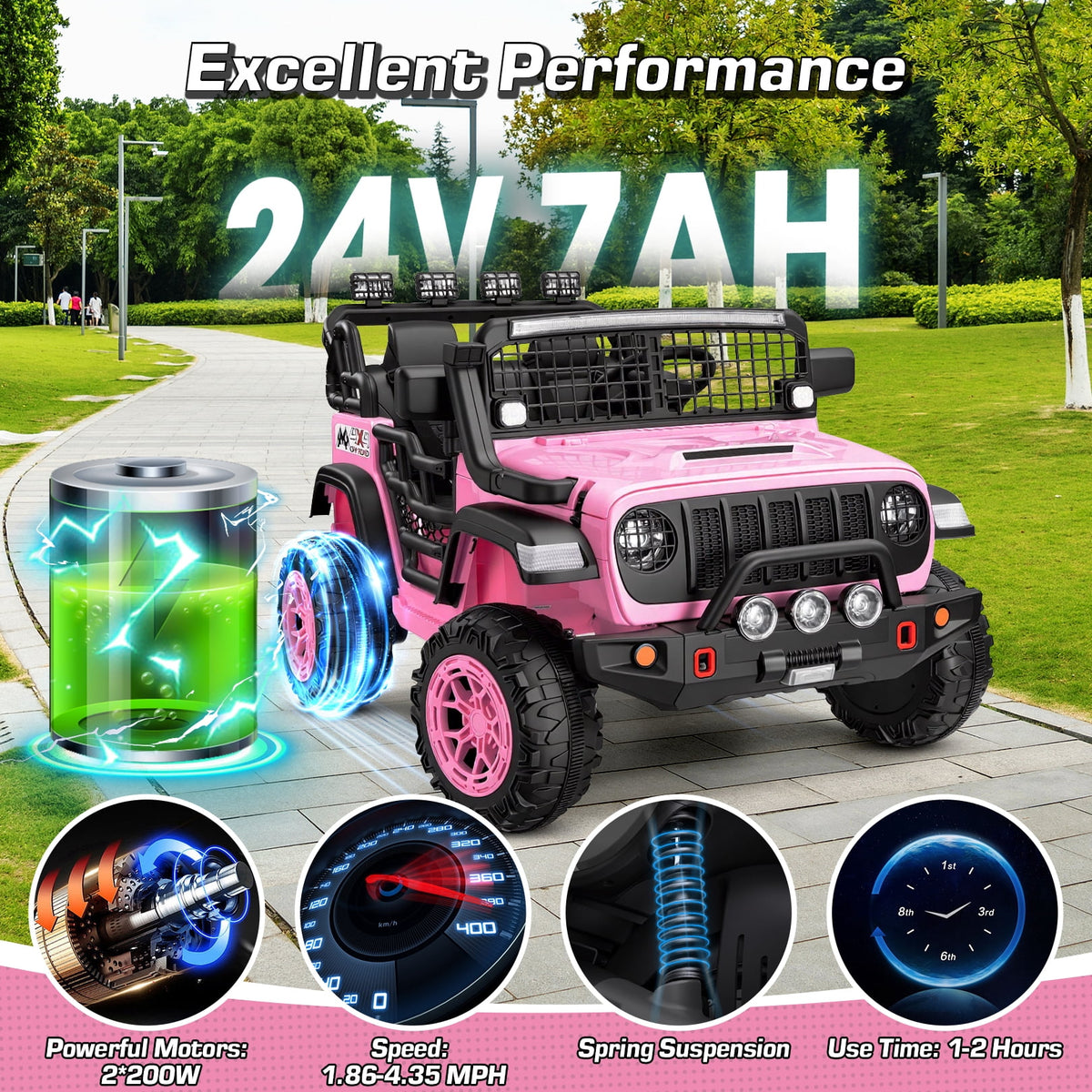 Funcid 24 Volt Ride on Toys, 2-Seater Electric Car, 400W Ride on Cars with Remote Control, Ride on Truck W/ Bluetooth, Music, Power Display, High/Low Speed, Light Control, Suspension, Pink