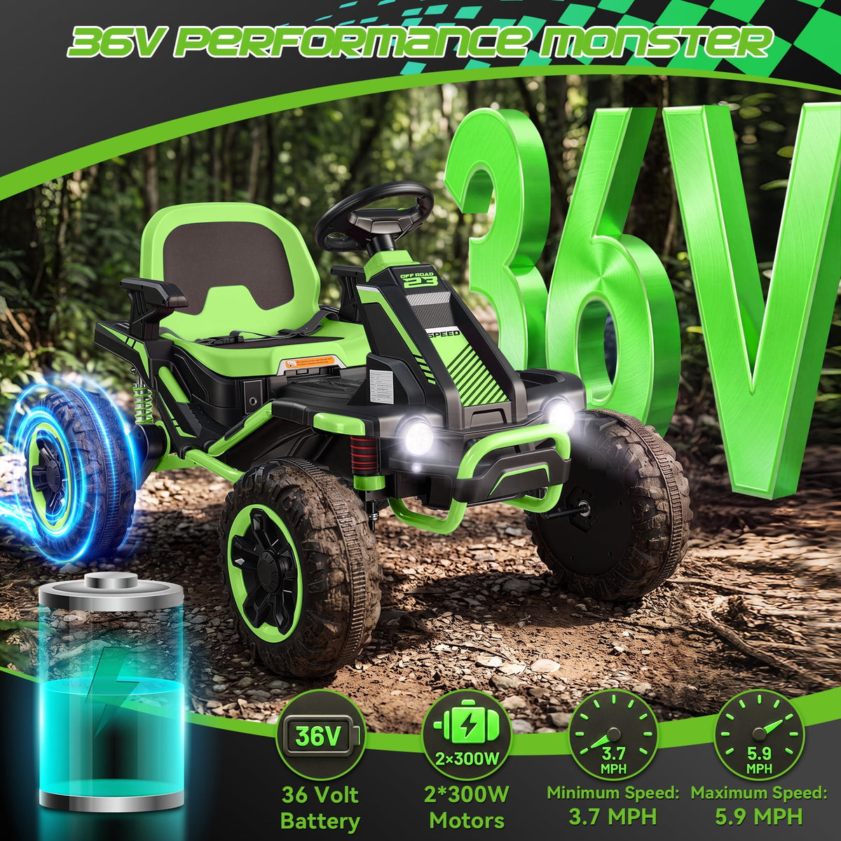 VIBESPARK 36V Ride on Toys for Big Kids Ages 6-12, 600W Ride on Cars up to 5.9 mph, Powerful 4 Wheeler Quad, Ride on ATV W/ Adjustable Seat, Ball-bearing Design, Power Display, Light Control, Green
