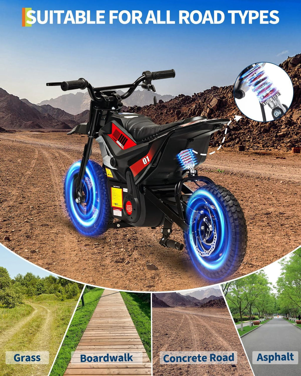 Fectiontool 24V Electric Ride-On Motorcycle, 350W Motor, 24V 7Ah Rechargeable Battery, Battery Powered Ride-On Bike, Energy-Efficient Charger Included,Black