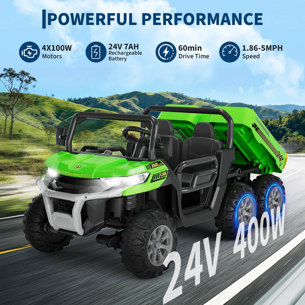 24V 2-Seater 6-Wheel Electric Dump Truck Ride-On for Kids – 4WD UTV Car, Remote Control, Electric Dump Bed, Music, Horn, Industry Standard/CPSIA Certified, Power Ride-On Toy for Boys & Girls