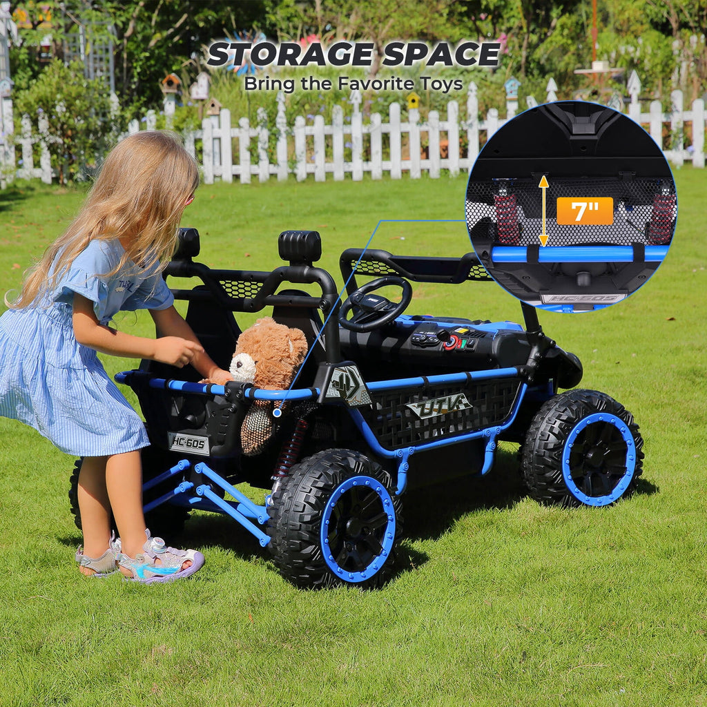 Farmdex 24V Ride on Car Truck, 2 Seater Electric UTV w/Remote Control, 21.5" Spacious Seat Ride on Toy for Kids Aged 3-10, Music, Storage, LED Light, Blue