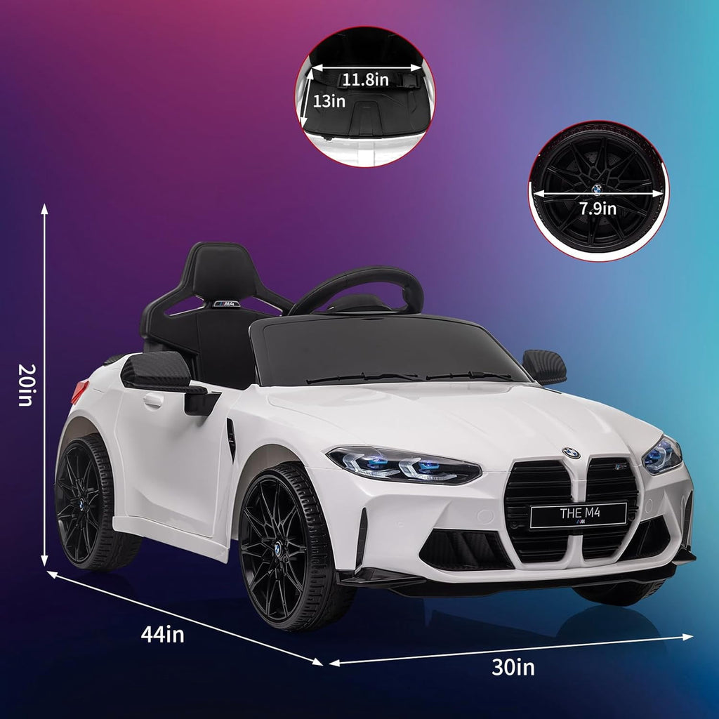 12V Licensed BMW M4 Ride-On Electric Car with Remote Control, 3 Speeds, LED Lights, Music, USB, Adjustable Seat Belt