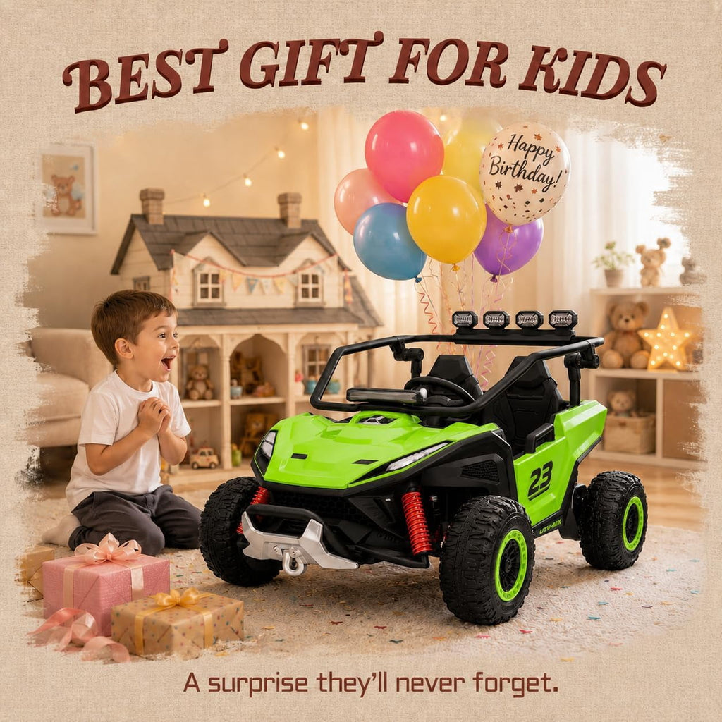 12V 2-Seater Electric UTV Ride-On Car, 4WD, Dual 40W Motors, 2.4G Parent Remote, 12V 7Ah Battery, 110 Lb Capacity,Green