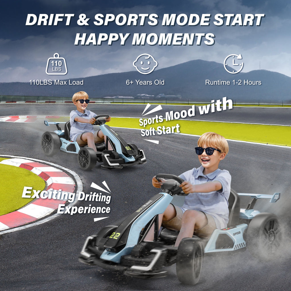 Funcid 24V 7AH Go Kart for Kids, 300W Powered Ride on Toys for 6+, Racing Go Kart with Drift/Sport Mode for Outdoor, Speed 4-8MPH, 110lbs Max Load