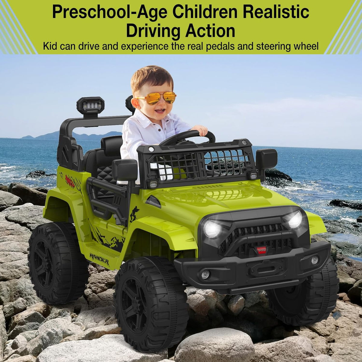 12V Electric Ride On Car with Remote Control, Off Road Ride On Vehicle with Bluetooth, LED Lights, Spring Suspension, Adjustable Seat Belt, All Terrain Tires, 61 lbs Capacity