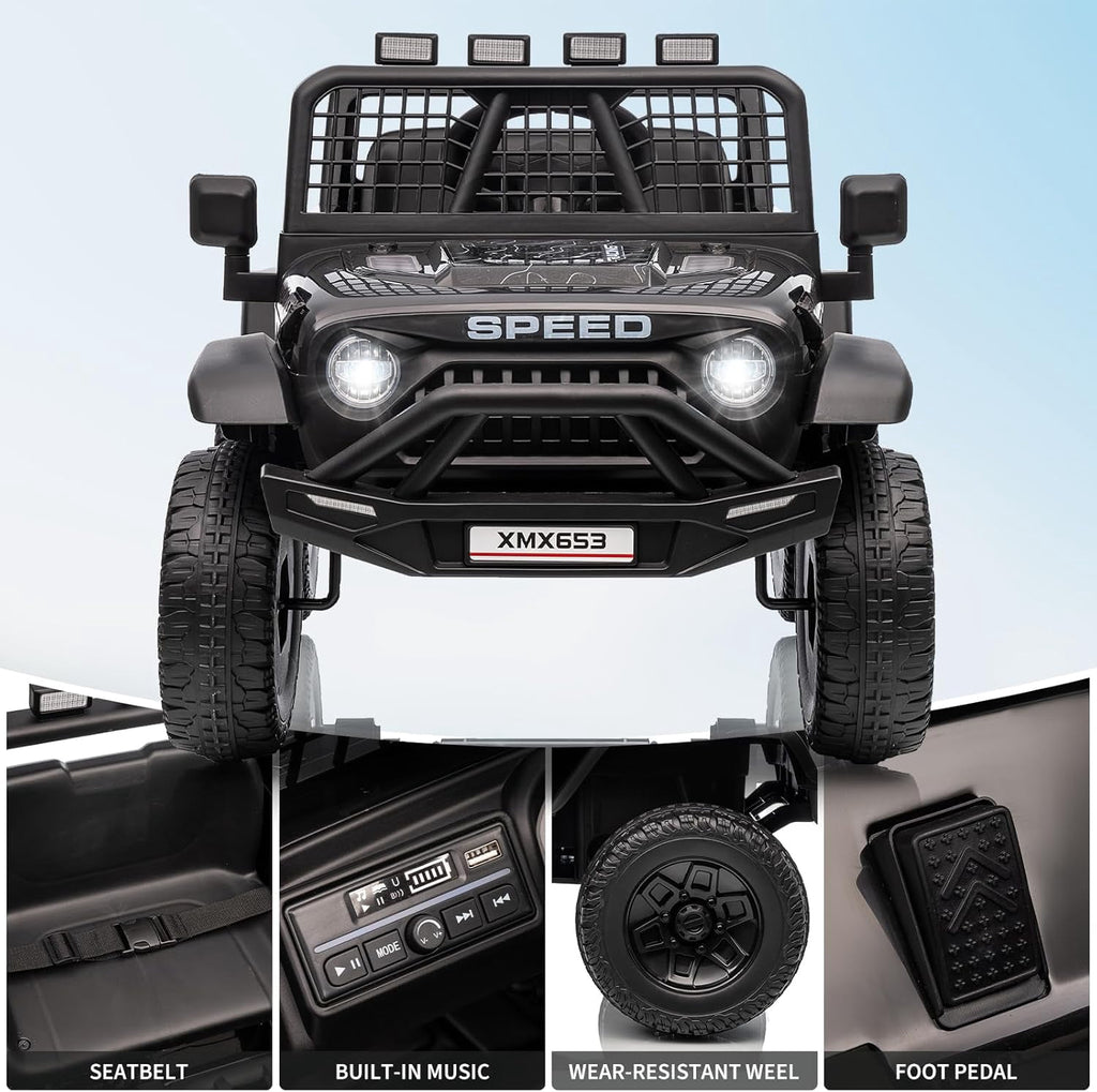 12V Ride-On Electric Car with Remote Control, Extra-Wide 13" Seat, 3 Speeds, 1.6-4.1 MPH, LED Lights, Music, USB, Safety Belt