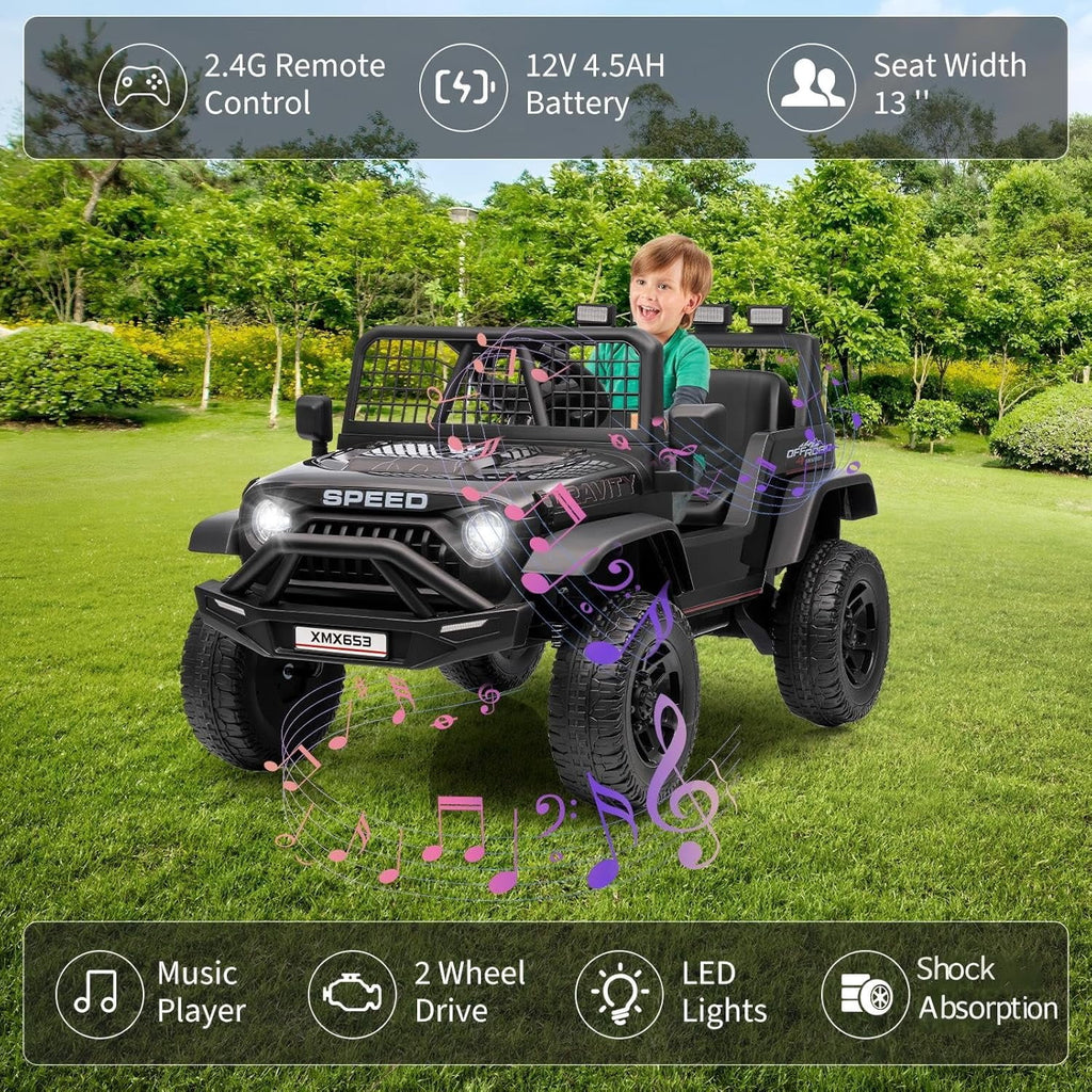 12V Ride-On Electric Car with Remote Control, Extra-Wide 13" Seat, 3 Speeds, 1.6-4.1 MPH, LED Lights, Music, USB, Safety Belt