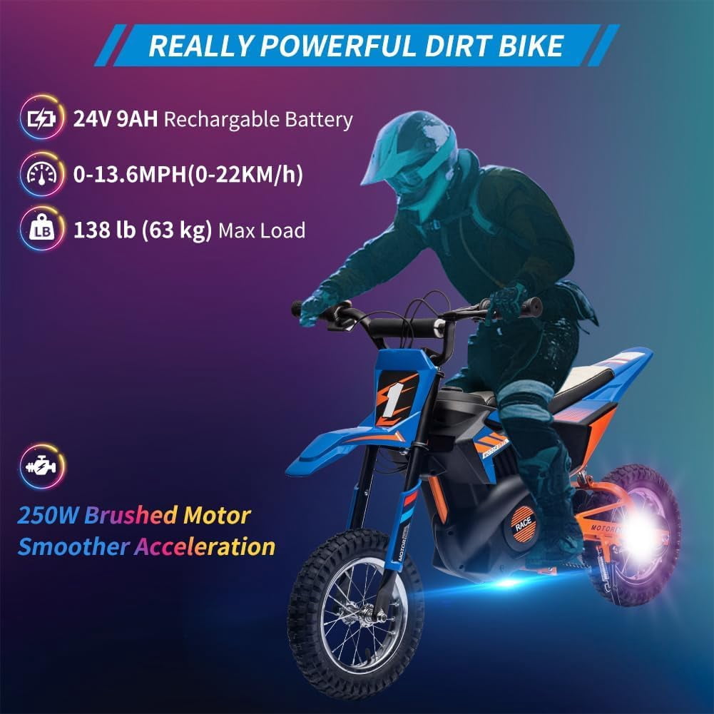 24V Electric Dirt Bike, 250W Brushed Motor, 13.6 MPH Max Speed, Chain Drive System, Disc Brake, Metal Spring Suspension, 12.6 Inch Pneumatic Tires, Leather Seat, 138 LBS Max Load,Blue