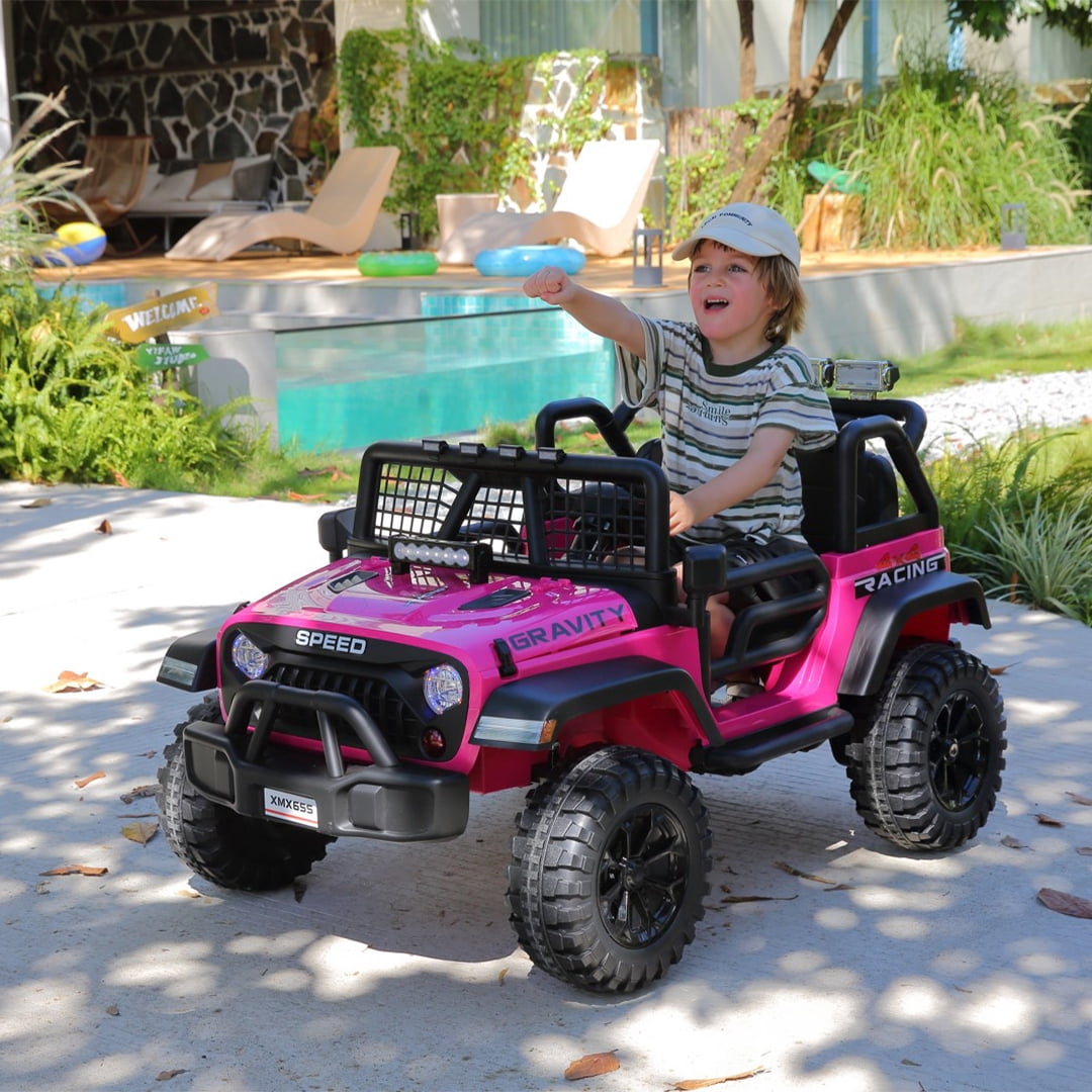 Funcid 24 Volt Ride on Toys with Remote Control, 400W 2-Seater Ride on Cars with Colored LED Lights & Battery Indicator, Electric Car for Kids w/ Bluetooth, Light Control, Volume Knob, Pink