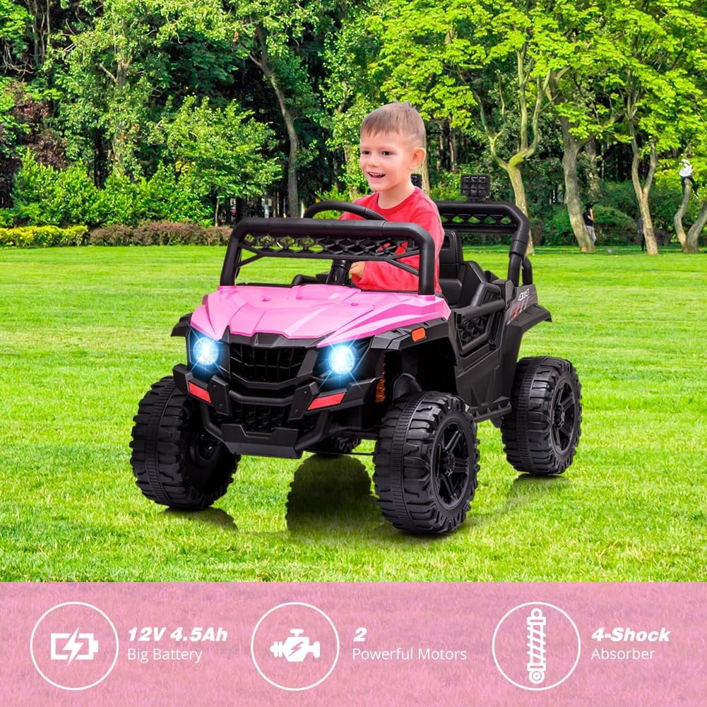 12V Ride-On Electric Car with Trunk, Remote Control, Spring Suspension, Locking Door, 3 Speeds, LED Headlights, Music, USB & AUX, Electric Vehicle for Ages 3+,Pink