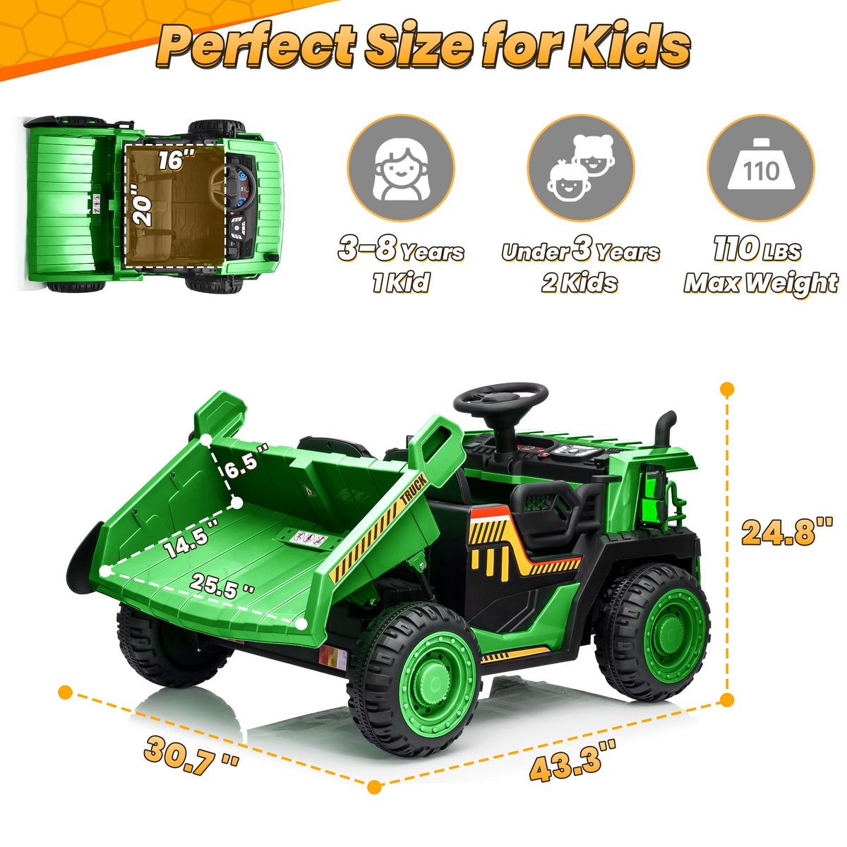 24 Volt Ride on Toys w/ Remote Control, 2*200W Strong Motor, Electric Powered Ride on Dump Truck with Shovel, 3 Speeds, LED Lights, MP3/USB Music, Blue