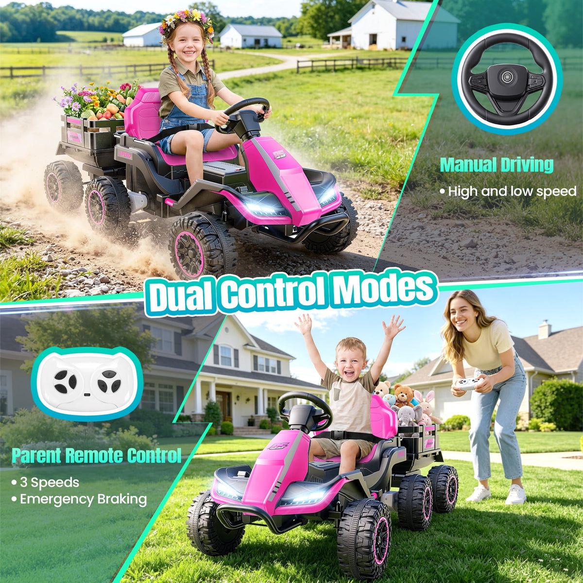 VIBESPARK 24V Ride on Toys with Remote Control, 3 in 1 Ride on Car, Ride on Tractor for Kids with Trailer, 6 Wheel Kids Electric Car w/ Bluetooth, MP3, Music, Green