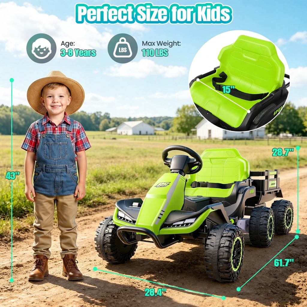 VIBESPARK 24V Ride on Toys with Remote Control, 3 in 1 Ride on Car, Ride on Tractor for Kids with Trailer, 6 Wheel Kids Electric Car w/ Bluetooth, MP3, Music, Green