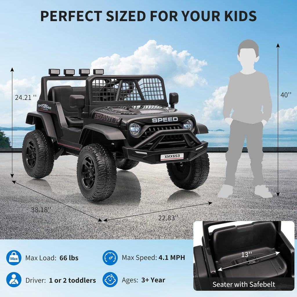 12V Ride-On Electric Car with Remote Control, Extra-Wide 13" Seat, 3 Speeds, 1.6-4.1 MPH, LED Lights, Music, USB, Safety Belt