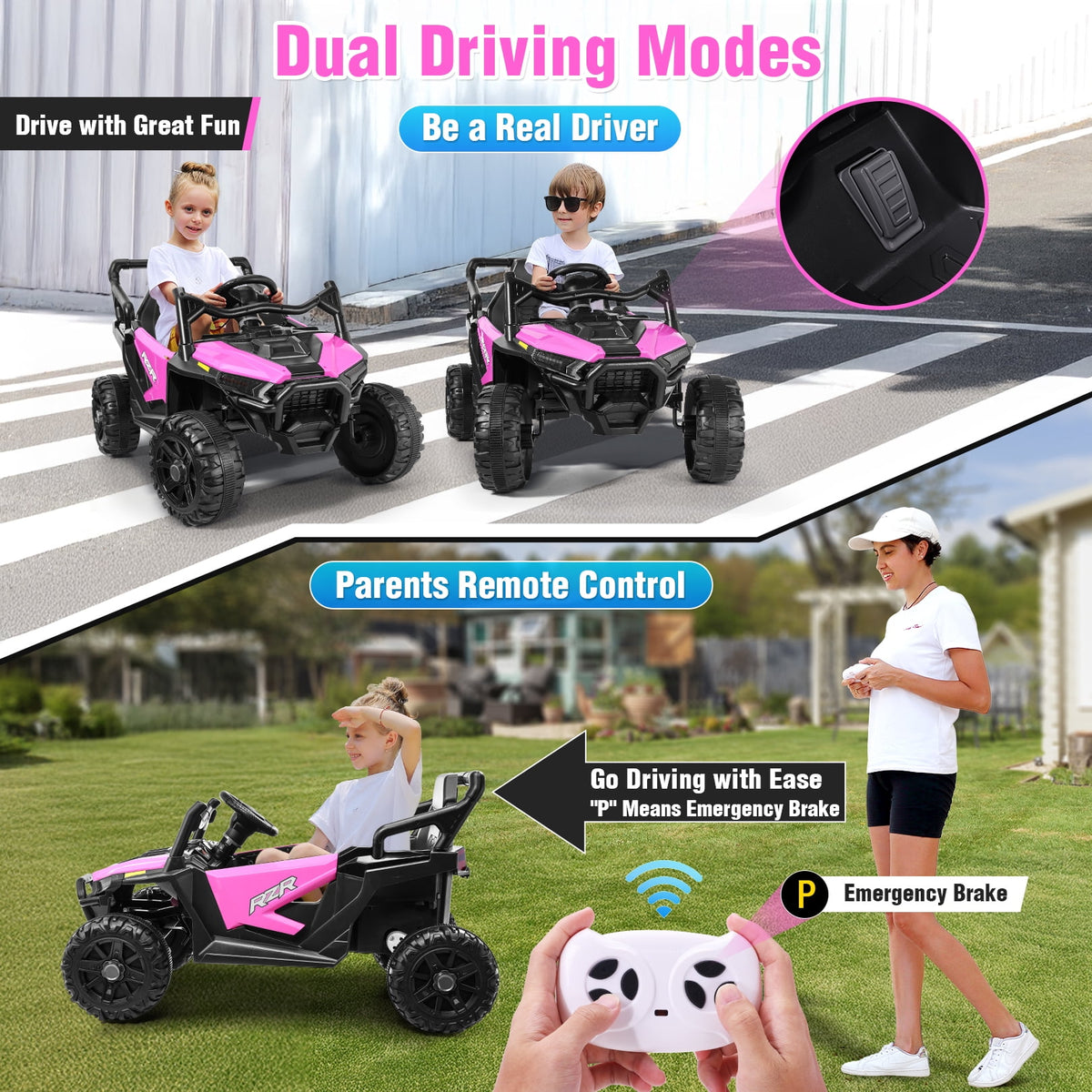 Funcid 24 Volt Ride on Toys with Remote Control & Battery Indicator, 400W Ride on UTV, Electric Car for Kids w/ Bluetooth, Music, LED Lights, Volume Adjustment Knob, 3 Speeds, Pink