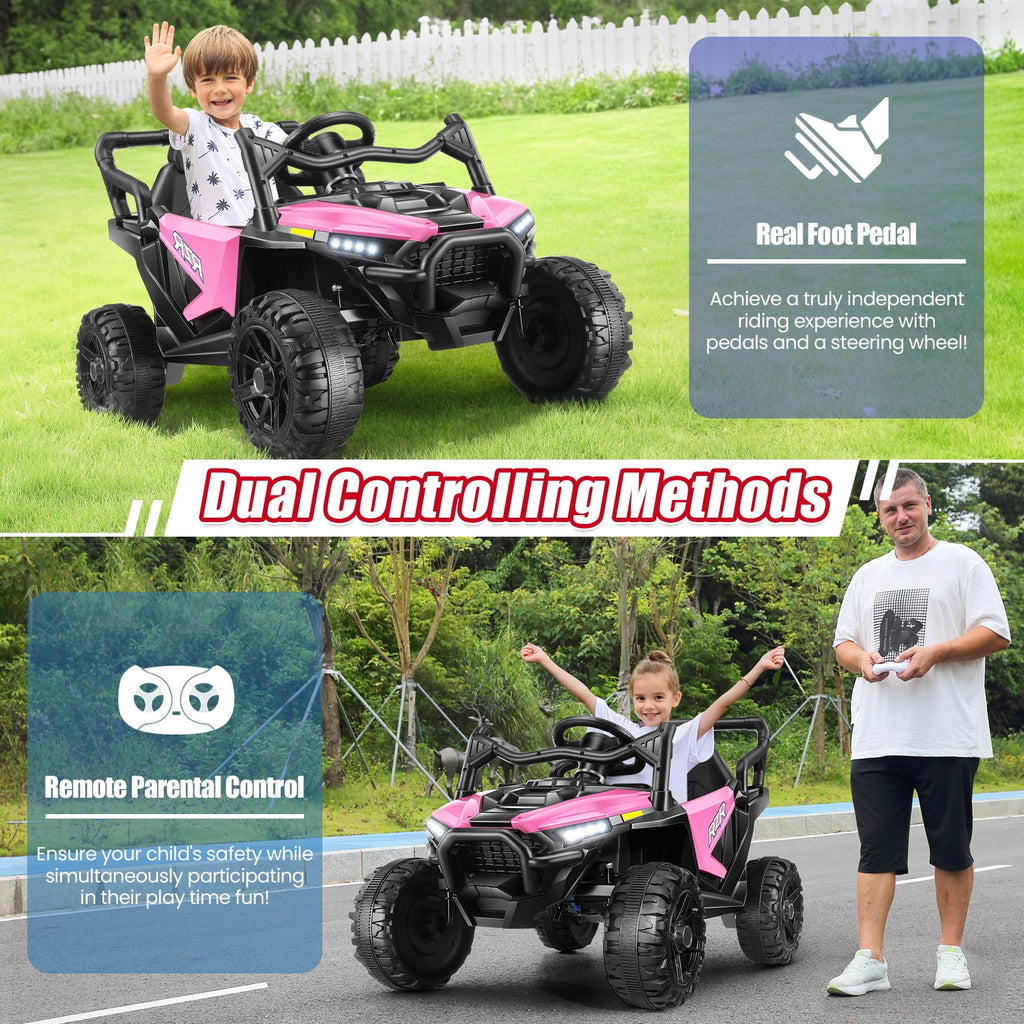 Funcid Ride on Toys, Kids Ride on Cars with Remote Control, 400W Powerful Electric Car for Kids, Ride on UTV w/ Bluetooth, Battery Indicator, Knob Volume Control, Spring Suspension, Pink