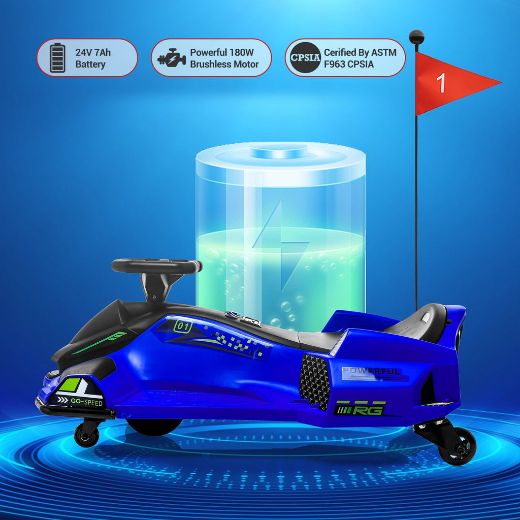 Ride On Drift Kart, Go Kart, Electric Go Kart 24V Drift Kart - 180W Brushless Motor, 7.5 mph Variable Speed, LED Light, Soft Start Battery Powered for Kids 8-12