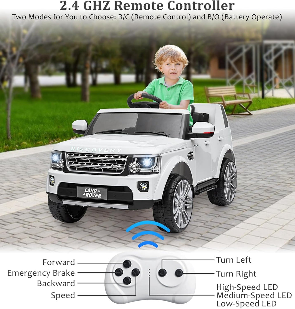 12V Licensed Land Rover Ride-On Car, 2x25W Motors, 4.5Ah Battery, 3 Speeds up to 4.5 MPH, Parent Remote, Spring Suspension, LED Lights