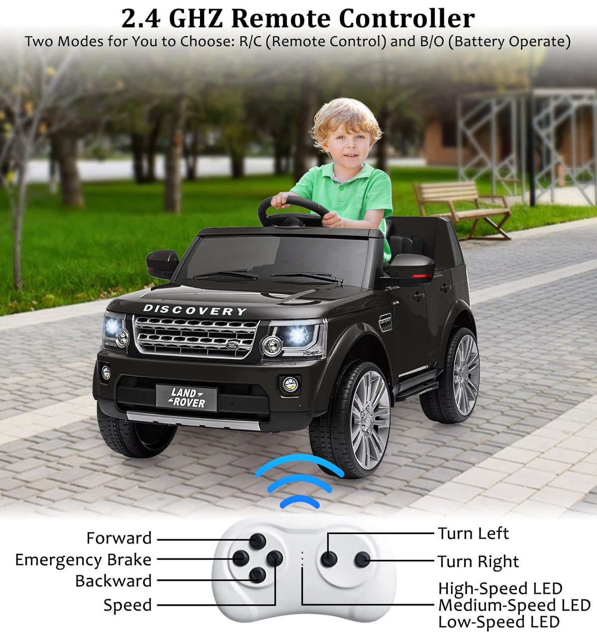 Licensed Land Rover 2-Seater 12V/24V Electric Ride-On Car for Kids Ages 3-8 - Remote Control, MP3, LED Lights, Adjustable Speeds, Shock Absorbers, Safety Seat Belts - Green