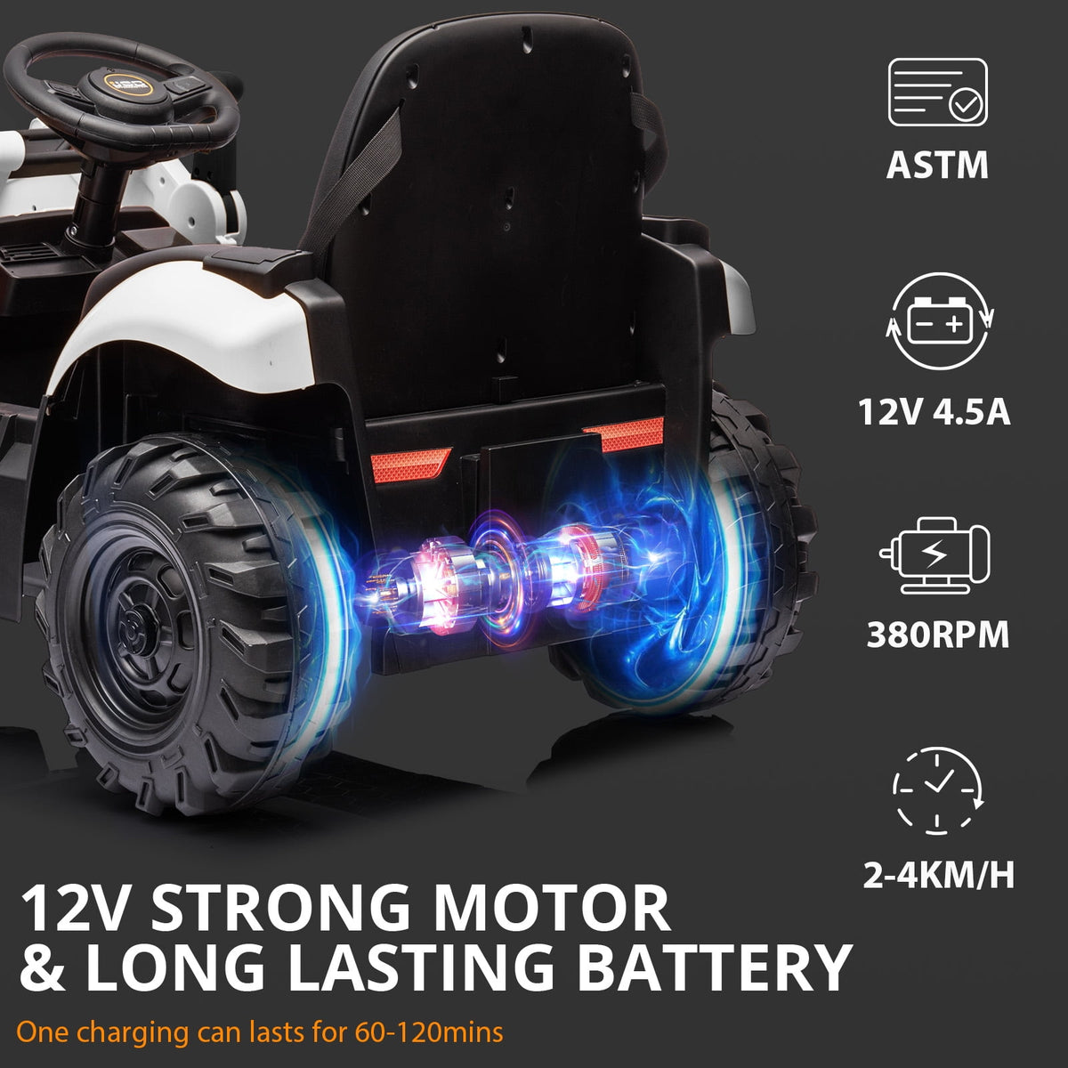 4 in 1 Ride on Excavator & Bulldozer, 12V Kids Electric Vehicle with Remote Control, Front Loader, Digger, Horn, Adjustable Seat, Excavator Ride on Car Toy, White