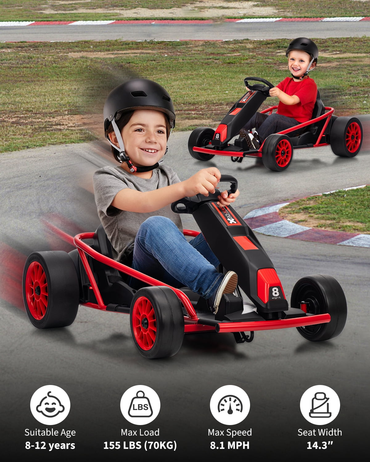 24V Electric Go Kart for Kids 8-12 - Dual 300W Motors, 9Ah Battery, 8MPH High-Speed Drifting, Slow Start, Full Metal Frame, Music, Horn, Power Display, Max Load 155Lbs, Ride-On Toy - Brown