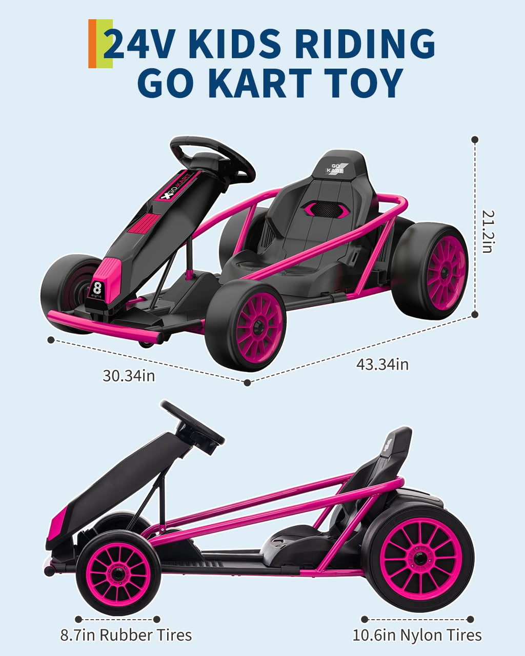 24V Electric Go Kart for Kids 8-12 - Dual 300W Motors, 9Ah Battery, 8MPH High-Speed Drifting, Slow Start, Full Metal Frame, Music, Horn, Power Display, Max Load 155Lbs, Ride-On Toy - Brown