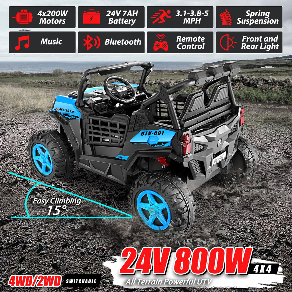 Funcid 24V Ride on Toys 4WD Ride on Cars with Remote Control, 2 XL Seater Electric Car for Kids, Power Car Wheels, UTV w/ 4*200W Motor, Bluetooth, Music, Lights, 3 Speeds, Black