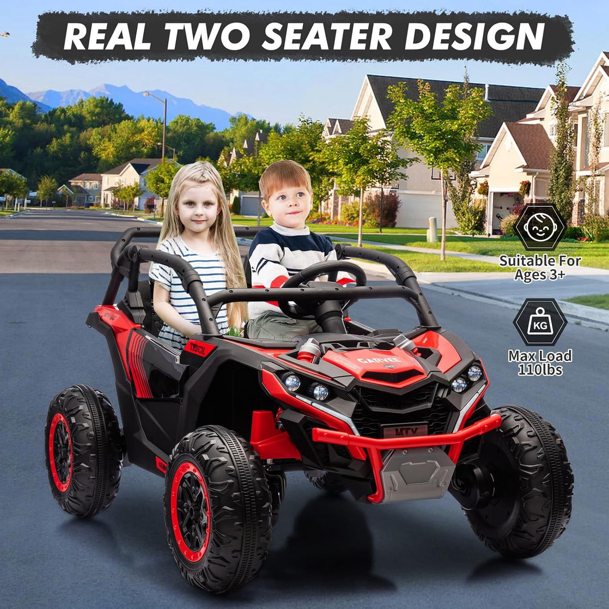 24V 2-Seater Ride On UTV for teens. Remote Control. 4x200W Motors. Bluetooth Music. LED Lights. 3 Speeds. . Safety Belt. All-Terrain Electric Vehicle,Rose Red