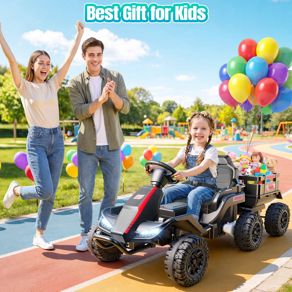VIBESPARK 24V Ride on Toys with Remote Control, 3 in 1 Ride on Car, Ride on ATV for Kids with Trailer, 6 Wheel Kids Electric Car w/ Bluetooth, MP3, Music, Black