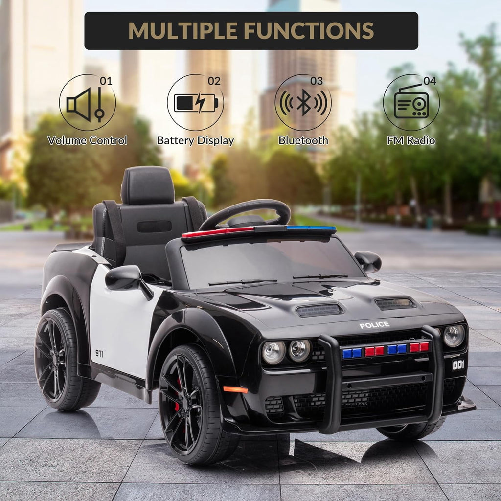 12V Licensed Dodge Challenger Electric Ride On Car, Battery Powered Vehicle with Remote Control, Dual Motors, Spring Suspension, LED Lights, Music, Ride On Toy for Outdoor Play,Police Car