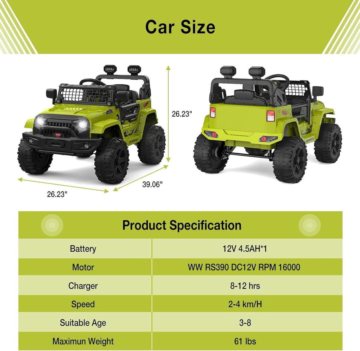 12V Electric Ride On Car with Remote Control, Off Road Ride On Vehicle with Bluetooth, LED Lights, Spring Suspension, Adjustable Seat Belt, All Terrain Tires, 61 lbs Capacity