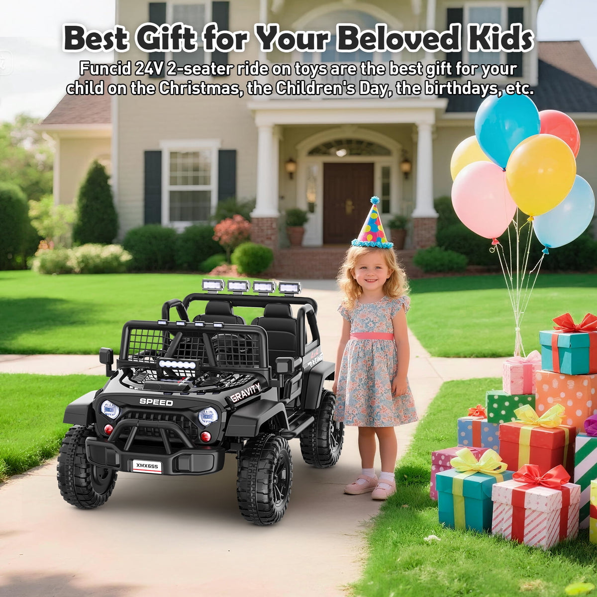 Funcid 24 Volt Ride on Toys with Remote Control, 400W 2-Seater Ride on Cars with Colored LED Lights & Battery Indicator, Electric Car for Kids w/ Bluetooth, Light Control, Volume Knob, Pink
