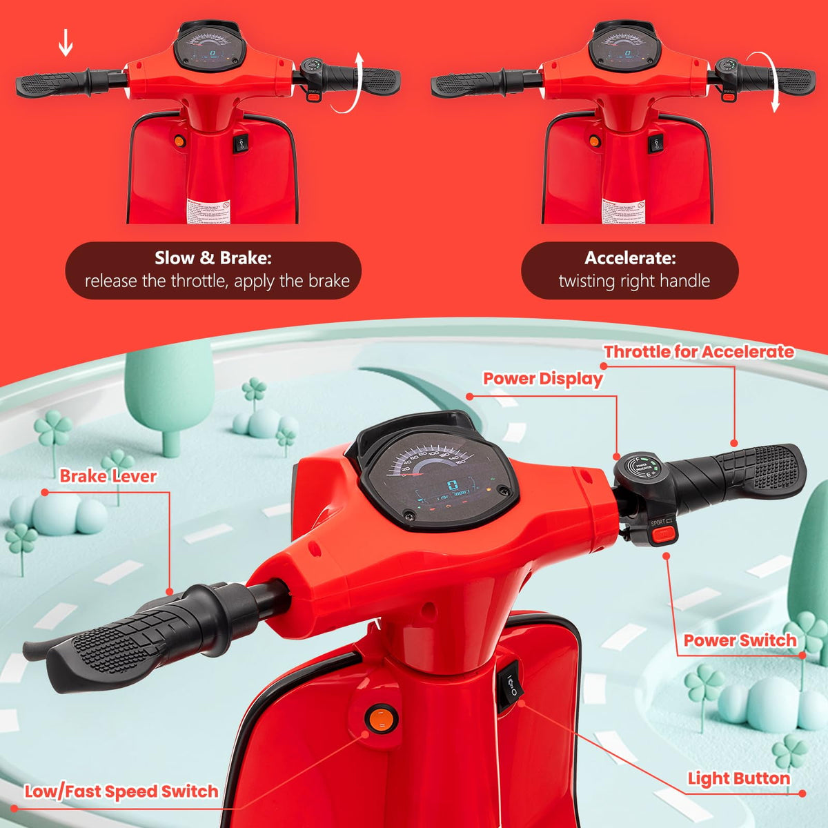 Towallmark Electric Motorcycle for Big Kids, 24V 350W Kids Ride on Moped, Max Up to 14MPH, with Rear Brake, Twist Grip Throttle & LED Light, Electric Motorbike for Kids/Teens 8-12