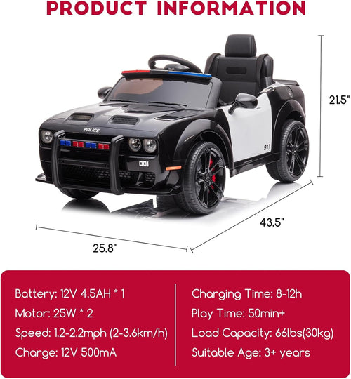 12V Licensed Dodge Challenger Electric Ride On Car, Battery Powered Vehicle with Remote Control, Dual Motors, Spring Suspension, LED Lights, Music, Ride On Toy for Outdoor Play,Police Car