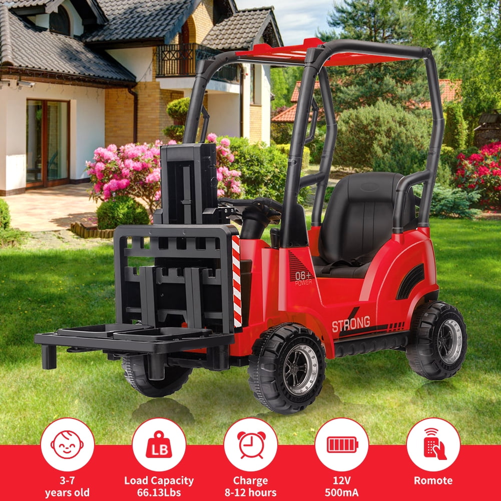 12V Kids Ride On Forklift Car with Tent and Remote Control – Liftable Fork & Pallet – Music, USB, MP3, Low Power Alarm, High/Low Speed – Construction Electric Vehicle Toy – Red