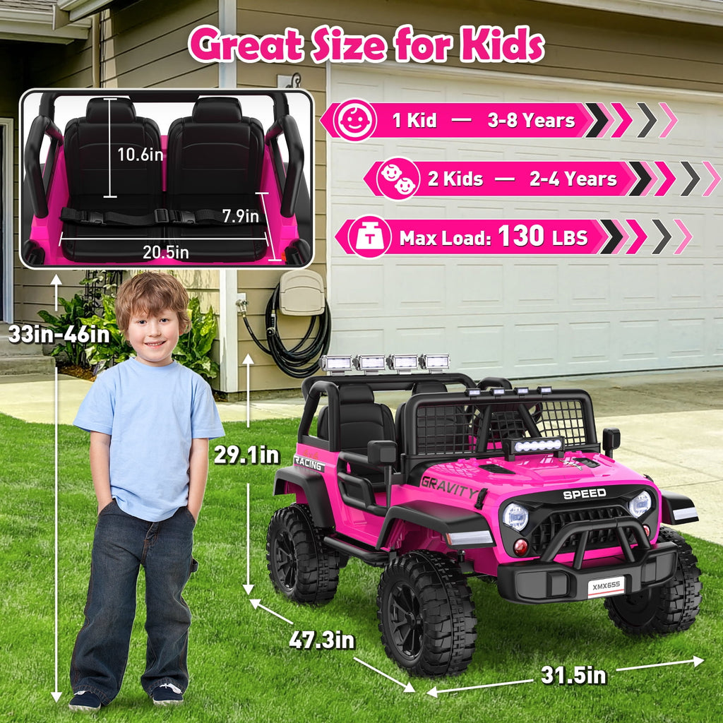 Funcid 24 Volt Ride on Toys with Remote Control, 400W 2-Seater Ride on Cars with Colored LED Lights & Battery Indicator, Electric Car for Kids w/ Bluetooth, Light Control, Volume Knob, Pink